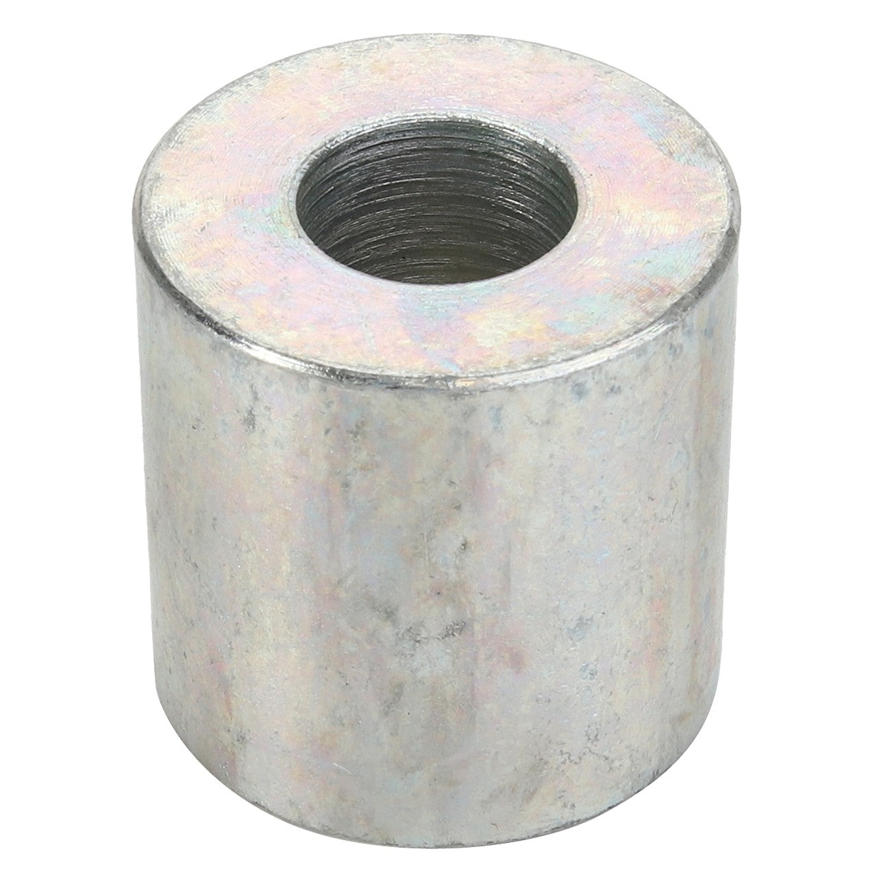 No current product description information is available for the AGCO Spacer - Acx2461580, which is a cylindrical metal spacer with a central threaded hole.