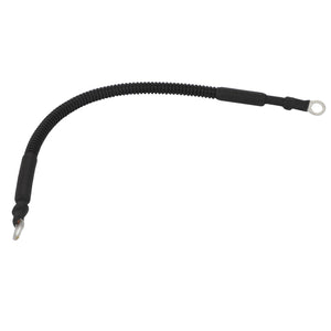 The AGCO Cable - Acp0328190 is a flexible black corrugated cable equipped with eyelet connectors on both ends, suitable for automotive or industrial applications. No current product description available.