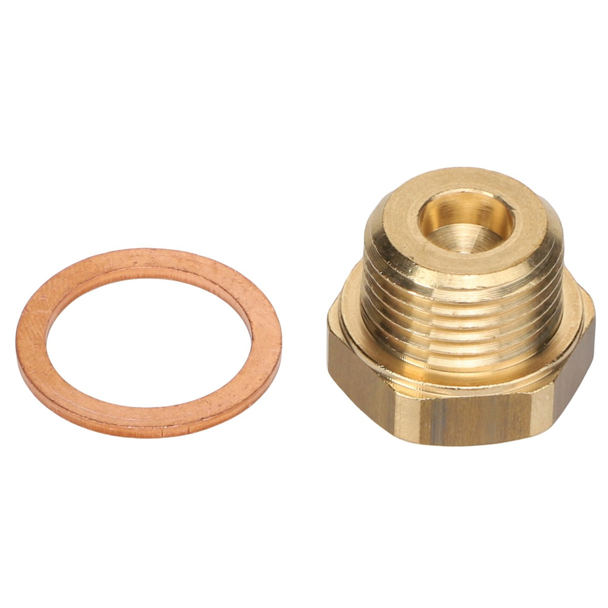 Sorry, a brass male flare fitting with a hex nut and washer is displayed against a white background.