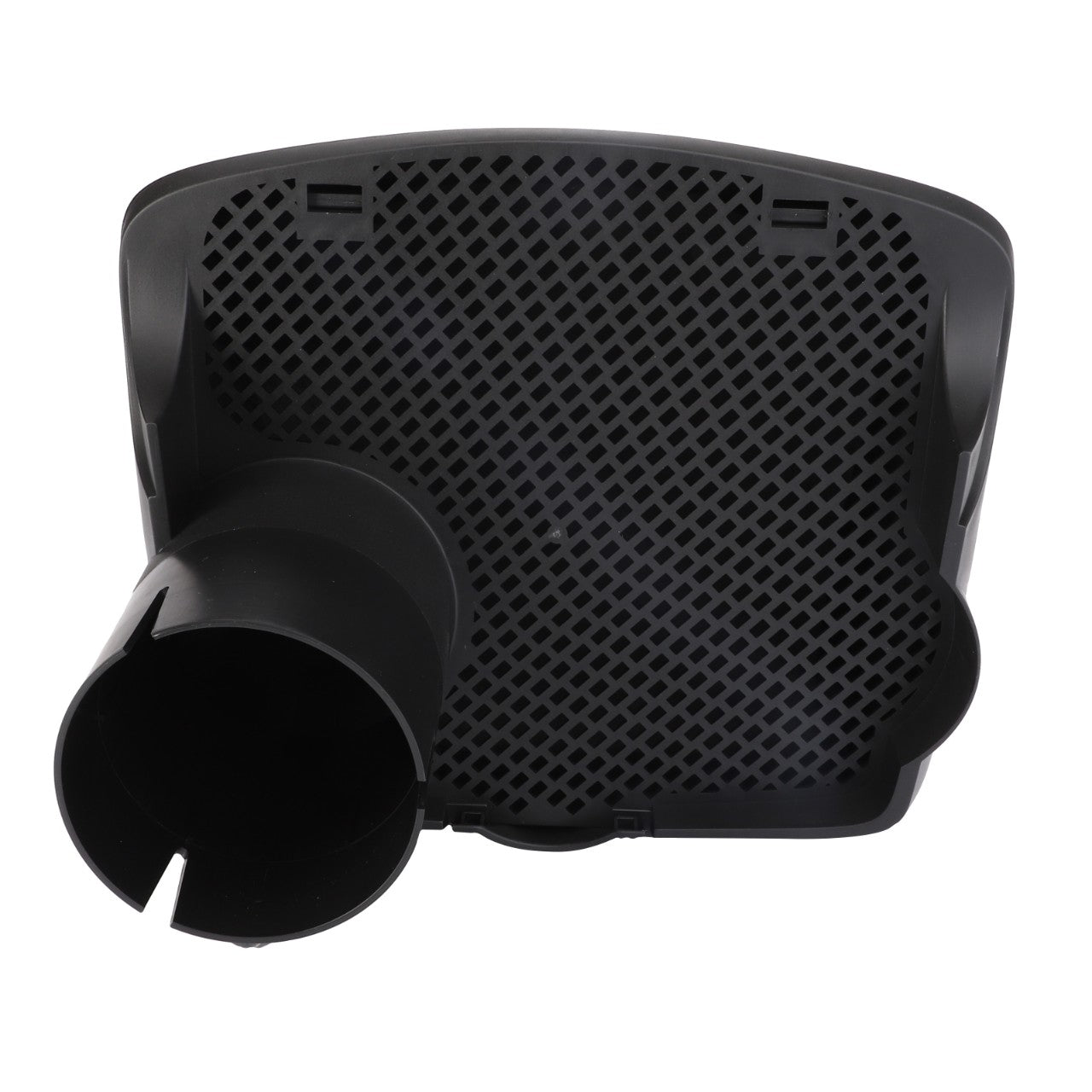 Top view of the AGCO | Protection - 4271041M91, a black, grid-patterned plastic component with two cylindrical attachments. This part is likely part of a ventilation or filtration system and is commonly found in various Massey Ferguson models.