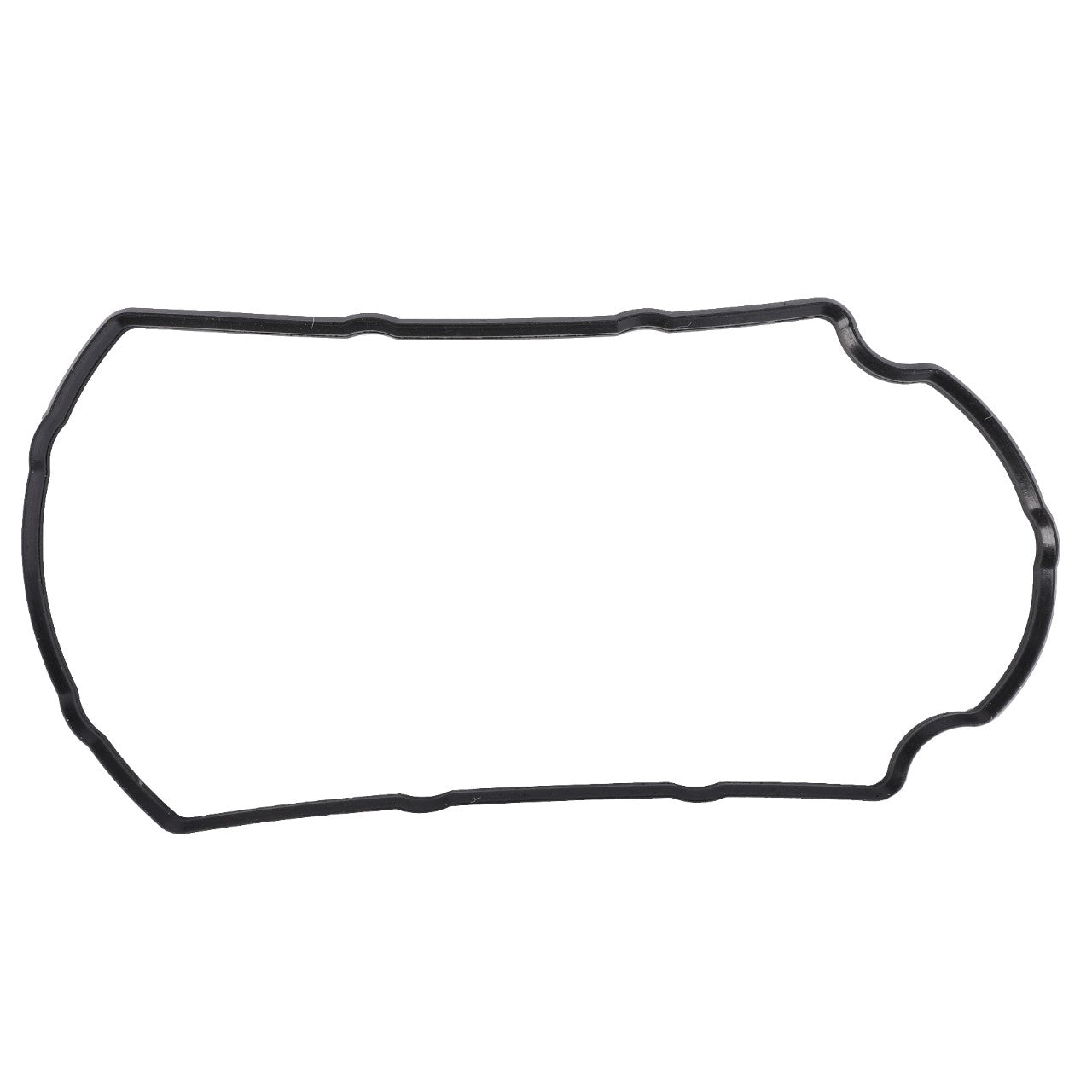 The AGCO | Gasket - 4312201M1 is a black, irregularly shaped rubber gasket, featuring rounded edges and slight bends, ideal for use in Massey Ferguson models.