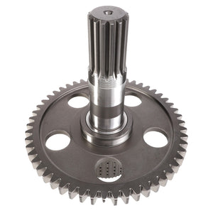 The AGCO | Shaft - Acp0445540 is a metallic gear with four holes and a cylindrical shaft extending from its center, featuring teeth around the outer edge.