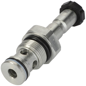 The AGCO Valve - Acp0517720 is a metal hydraulic valve cartridge featuring a cylindrical body, hexagonal base, and a black plastic cap on one end. This component includes visible threads, O-rings, and perforations. No current product description is available for this specific model.