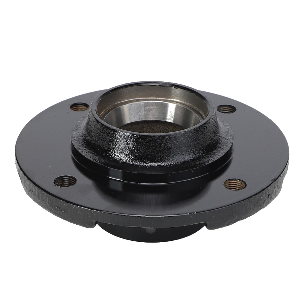 Introducing the AGCO Hub - Acp0011270, a robust black metal wheel hub assembly featuring three bolt holes and a cylindrical central opening.