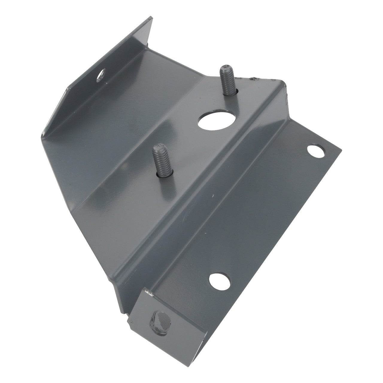 The AGCO BRACKET - D28185935 is a gray metal bracket featuring four holes of varying sizes and two protruding bolts. No current product description information is available.