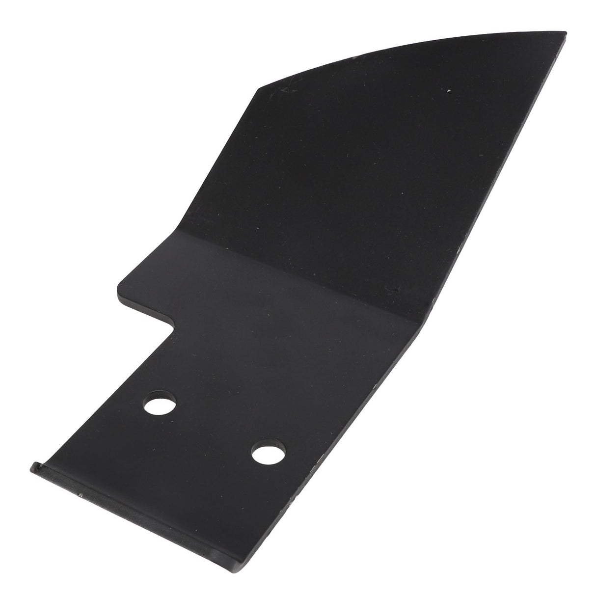 The AGCO SCRAPER - E70391 features a black metal blade with two circular holes near the base and a slightly pointed edge at the top, offering a sleek and functional design.