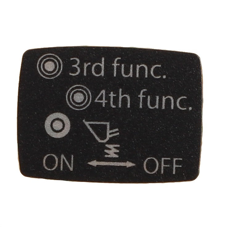 Close-up of a button with text and symbols indicating "3rd func.," "4th func.," and an ON/OFF switch featuring an irrigation-like symbol in the center, found on the AGCO | DECAL - AL4500357 by AGCO. No current product description information is available for this item.