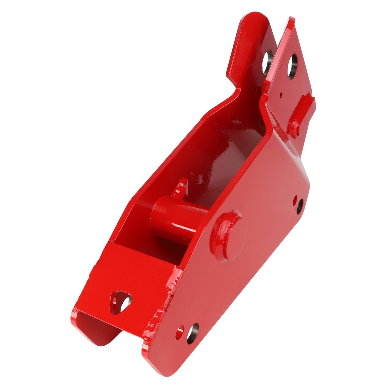 The AGCO Bearing Box - Acp0300880 is a red metal bracket, featuring multiple cutouts and holes designed for mounting or attachment purposes. No current product description available.