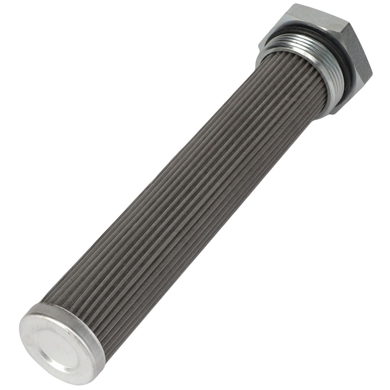 The AGCO Screen - Acw7052820 is a cylindrical metal filter equipped with threaded hexagonal end caps, designed for effective fluid filtration.