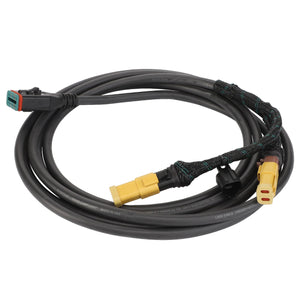 The AGCO Implement Harness - Acw6397420, by AGCO, features a coiled electrical wire with three distinct connectors: black, yellow and black, and yellow and red. Wrapped in a braided protective layer in certain sections, this durable design guarantees reliable performance.