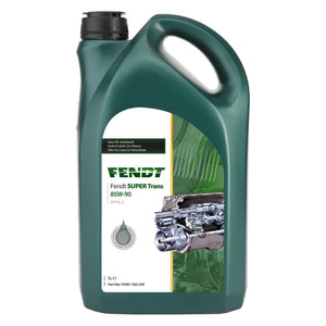 A 5L green container of AGCO's Fendt Super Trans 85W-90 transmission fluid, FX991500540, for vehicles. The label displays the product name and technical specifications, ensuring exceptional wear protection for hypoid axle drives.