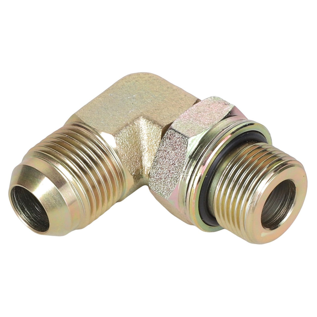 Introducing the AGCO UNION - AL5027481, a metallic right-angle pipe fitting with threaded ends and an O-ring, designed for connecting two pipes or hoses at a 90-degree angle. This high-quality product comes from the trusted brand AGCO.