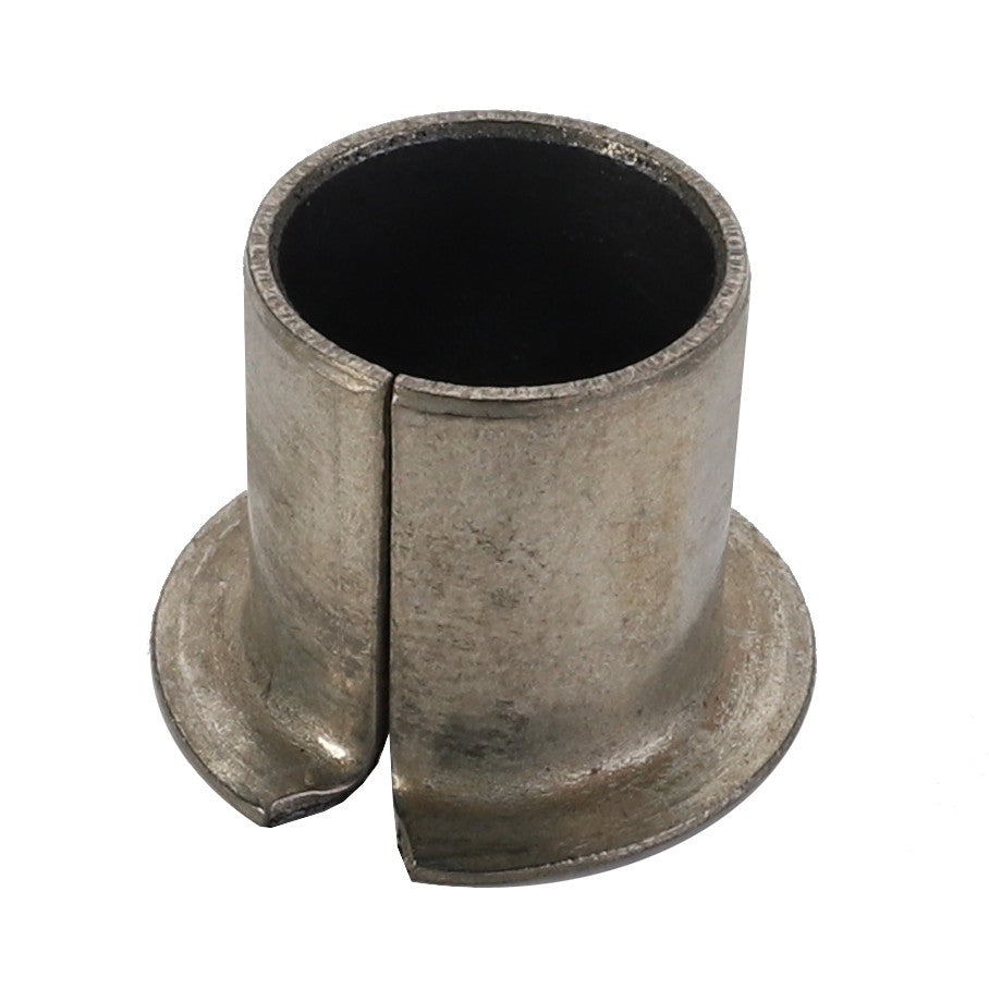 The AGCO Bearing Bushing - F198500030890 features a cylindrical metal design with a split seam and robust flanges at its base, ensuring both durability and ease of installation.