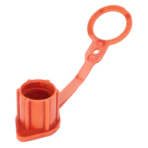 The AGCO Dust Cap - X591905600000 by AGCO is a red plastic dust cap featuring a ribbed design and an attached circular tab, suitable for Fendt Vario tractors.