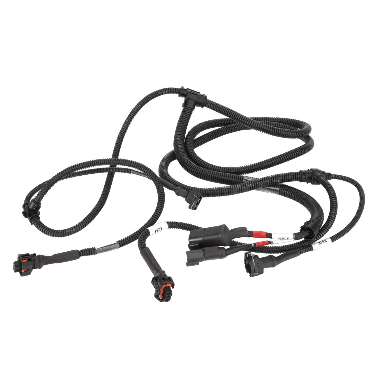 A coiled AGCO electrical wiring harness (model Acw2327740) with multiple connectors and protective sheathing is displayed against a white background, emphasizing AGCO Parts Genuine Electrics for optimal operating safety.