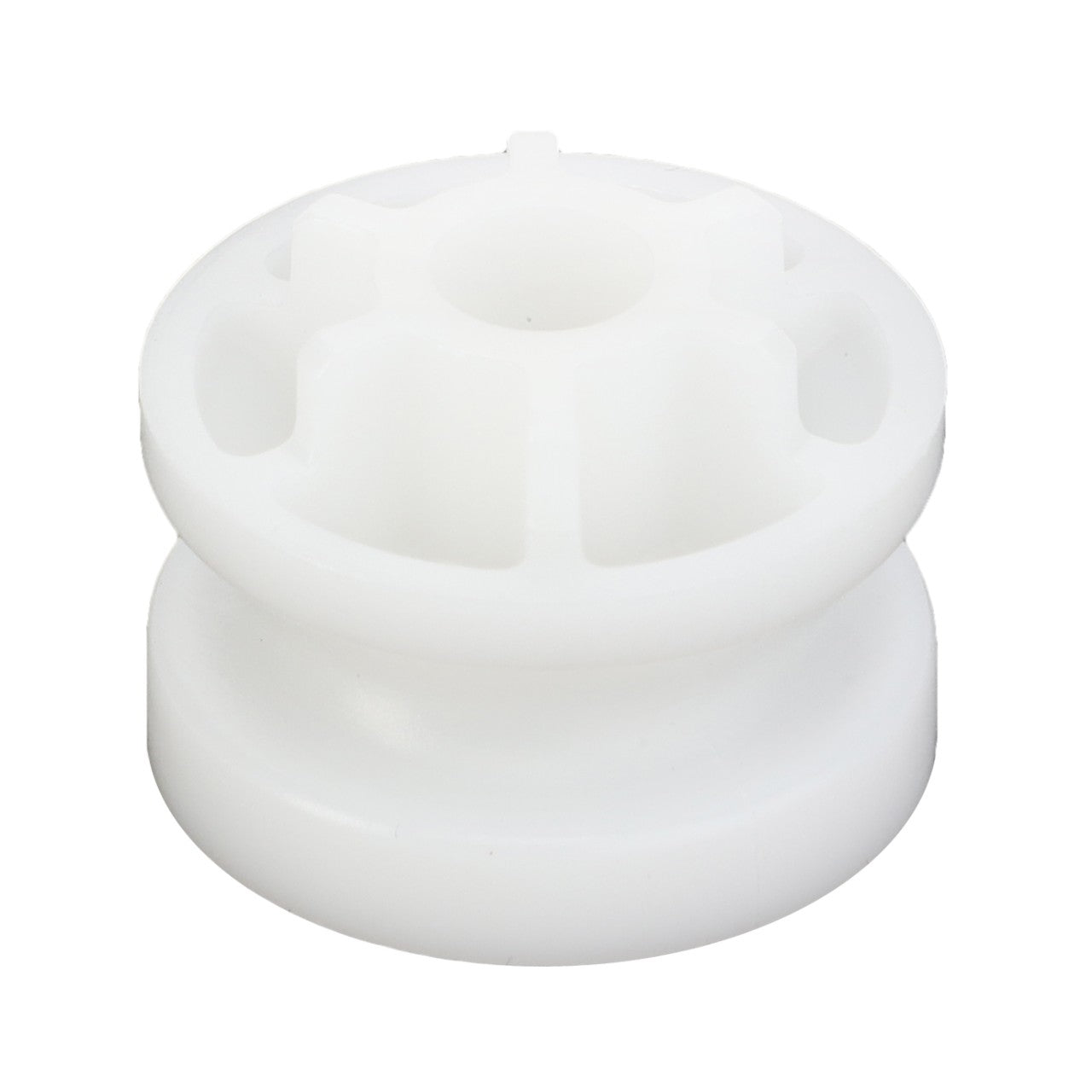 The AGCO | Pulley, Tensioner - 4349926M2, a white plastic spool featuring a hollow center and multiple radial supports, is ideal for use with Massey Ferguson models.