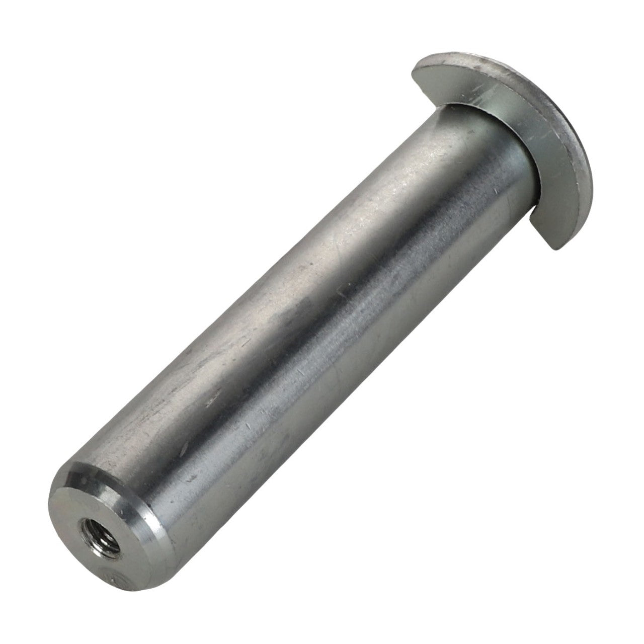 The AGCO Front Loader Pin (AL11260561) is a cylindrical metal pin featuring a flat head on one end, specifically engineered for mechanical or industrial applications. The opposite end is designed with a threaded hole, making it ideal for use as pivot pins in machinery like front loaders.