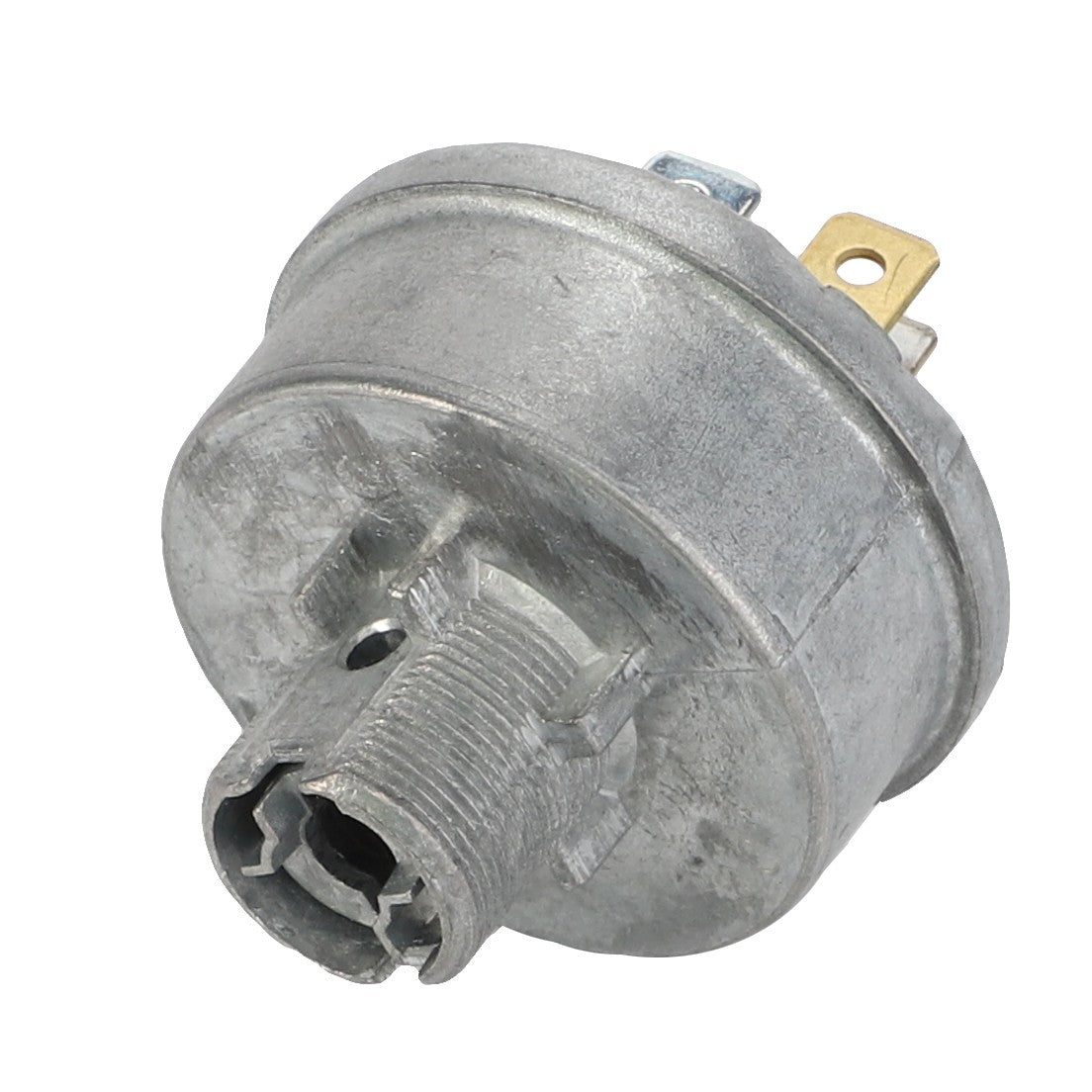 The AGCO | SWITCH - CG1184500651 is a metal cylindrical electrical component that features connectors and a threaded section at the bottom. Additional product description information is currently not available.