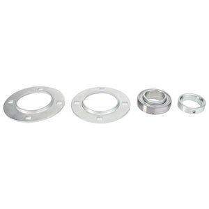 Four metallic mechanical parts of varying sizes are aligned horizontally against a white background, including two flat circular plates and two cylindrical components. Notably, one of the circular plates is an AGCO Bearing and Flange Assembly - D41716500.