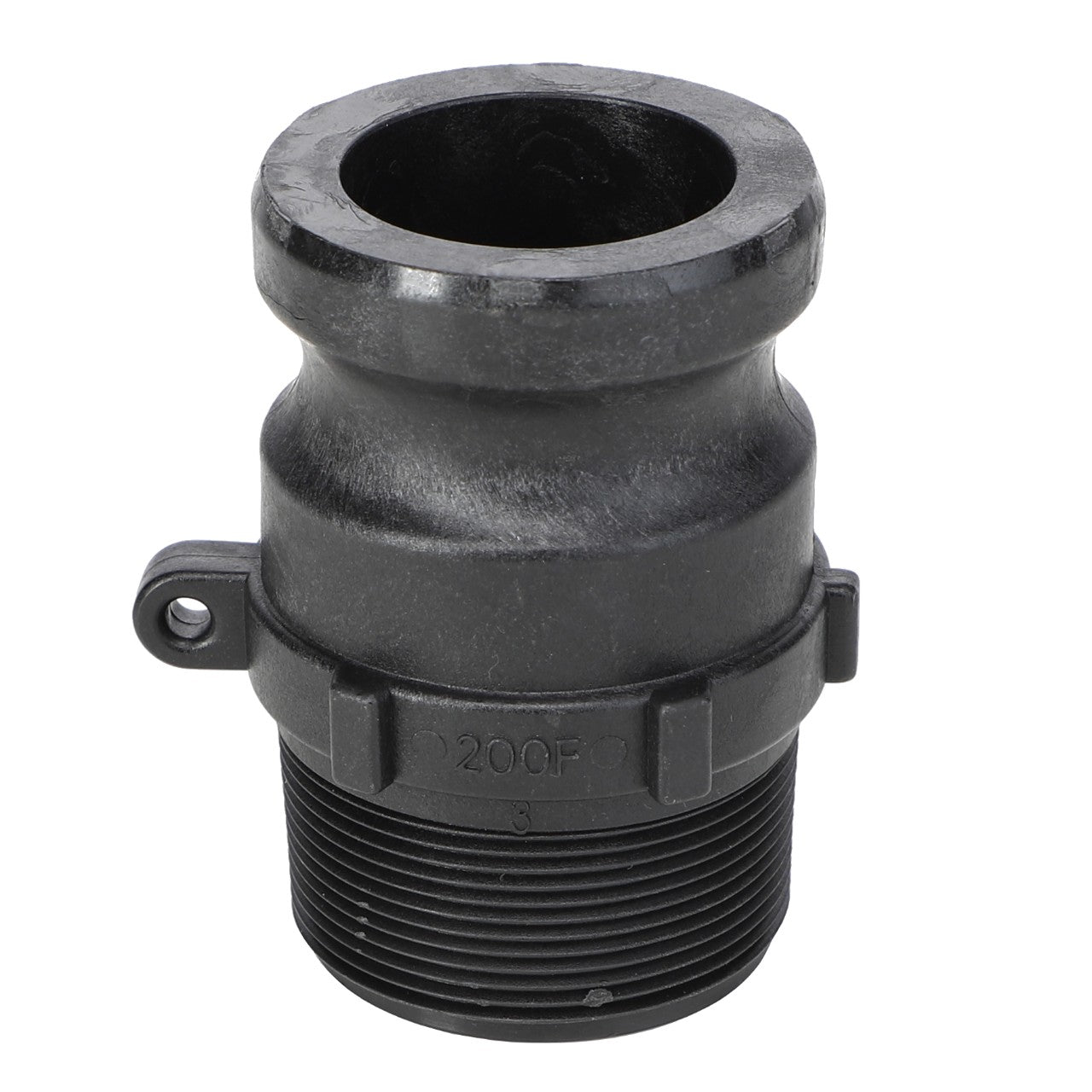 The AGCO | Adapter Fitting - Ag000823 is a durable, black threaded plastic pipe fitting that boasts a versatile wide opening and a secure flange for easy installation.