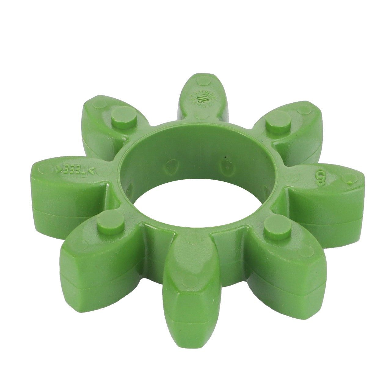 The AGCO | Shock Absorber - 3478523M1 is a green plastic mechanical coupling insert featuring eight petal-like extensions arranged in a circular formation and is compatible with Massey Ferguson models.