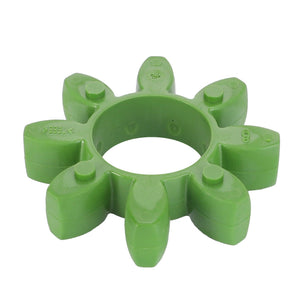 The AGCO | Shock Absorber - 3478523M1 is a green plastic mechanical coupling insert featuring eight petal-like extensions arranged in a circular formation and is compatible with Massey Ferguson models.