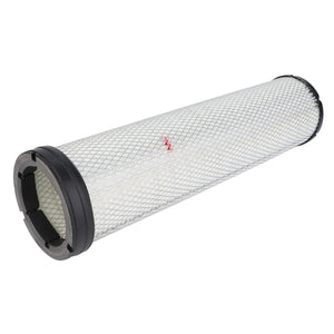 The AGCO Engine Air Filter Cartridge - D46485600, featuring a cylindrical design with a metal mesh exterior, black rubber ends, and a small red zigzag insignia in the center, boasts 99.9% filtration efficiency for prolonging service life. Part of the AGCO Air Filter Cartridges collection.