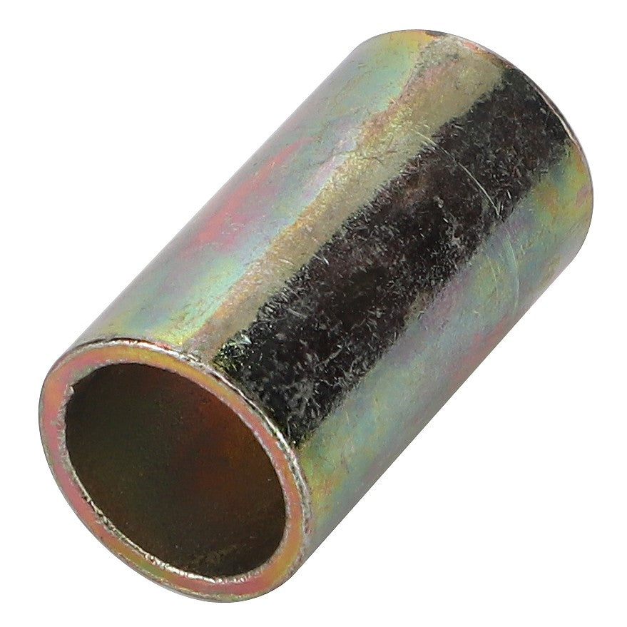 A cylindrical metal spacer with a reflective surface, displaying a rainbow-like coloration. Product Details: AGCO SLEEVE BUSHING - V30350700 by AGCO.