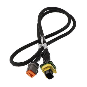 The AGCO Jumper - Acx257278A is a sleek black electrical wiring harness that features two distinct connectors, one in vibrant yellow and the other in bold orange, at each end.