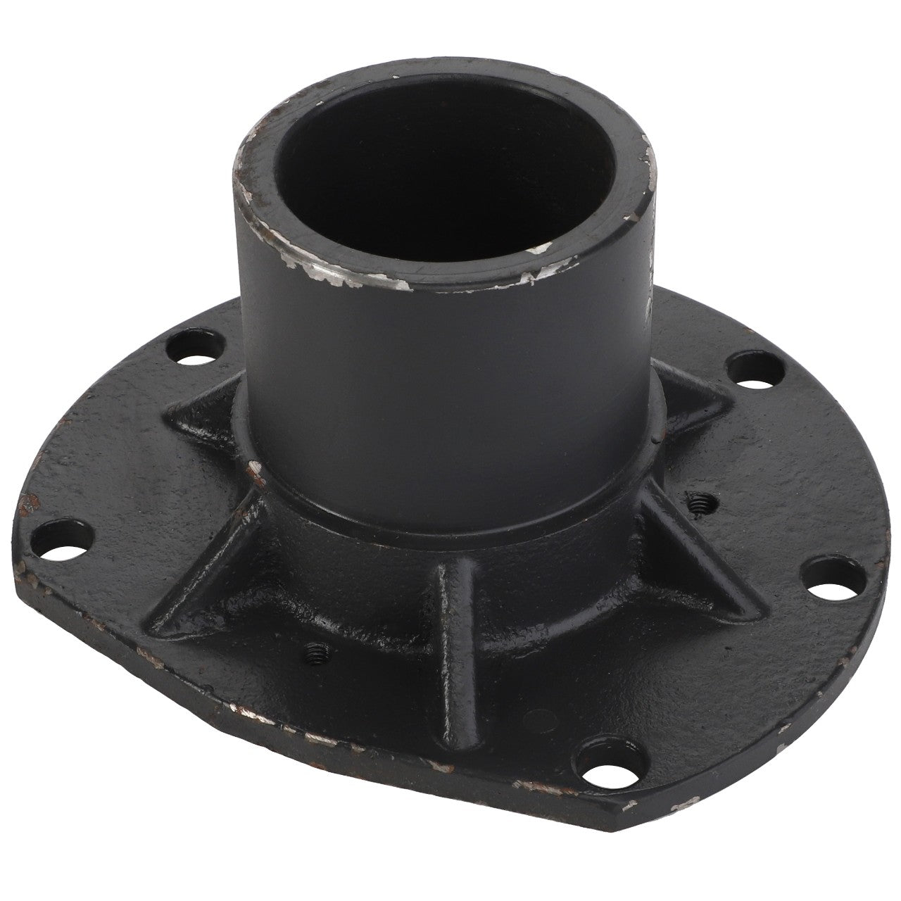 The AGCO Bearing Carrier - Acy1119300, a black metal flange with six bolt holes and a cylindrical center, is expertly designed for various applications.