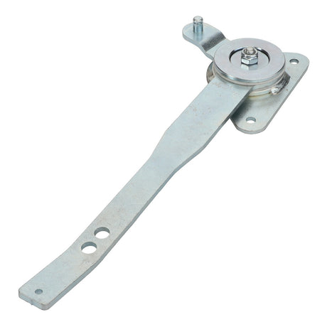 No current product description available for the AGCO Lever - Acp0667230, which features a long, flat arm, a circular rotating joint, and multiple holes for attachment.