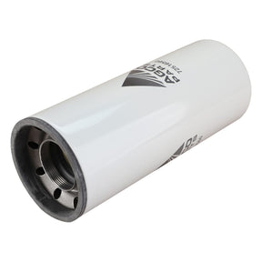 The AGCO Engine Oil Filter Spin On - 72516560 is a white, cylindrical filter featuring printed text and metal threading on one end, designed to spin on easily and prevent wear and corrosion.