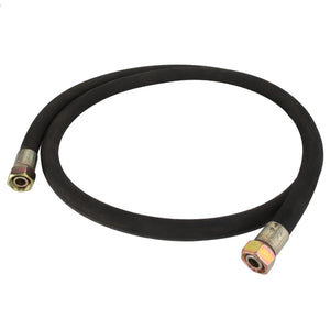 The AGCO HIGH PRESS HOSE - D26735385 is a coiled black rubber hose featuring metallic fittings on both ends, commonly utilized for fluid transfer in machinery or automotive applications. No current product description information available.