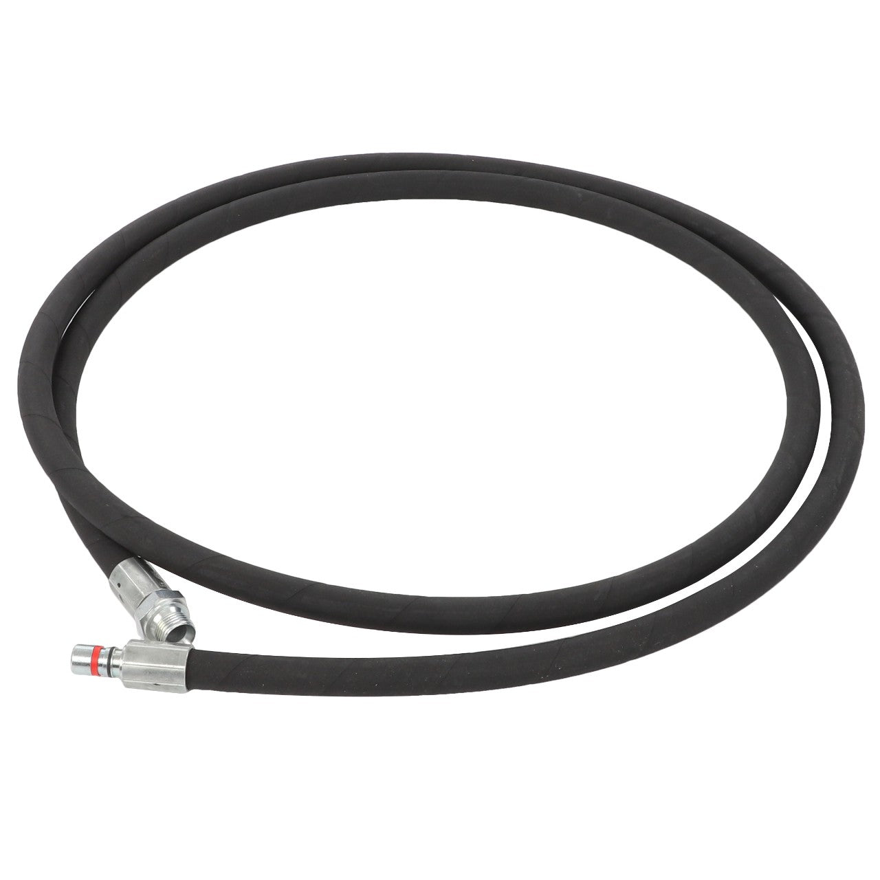 The AGCO | HOSE - AL9032513 from AGCO is a black flexible hose with metal connectors at both ends, neatly coiled in a loop.