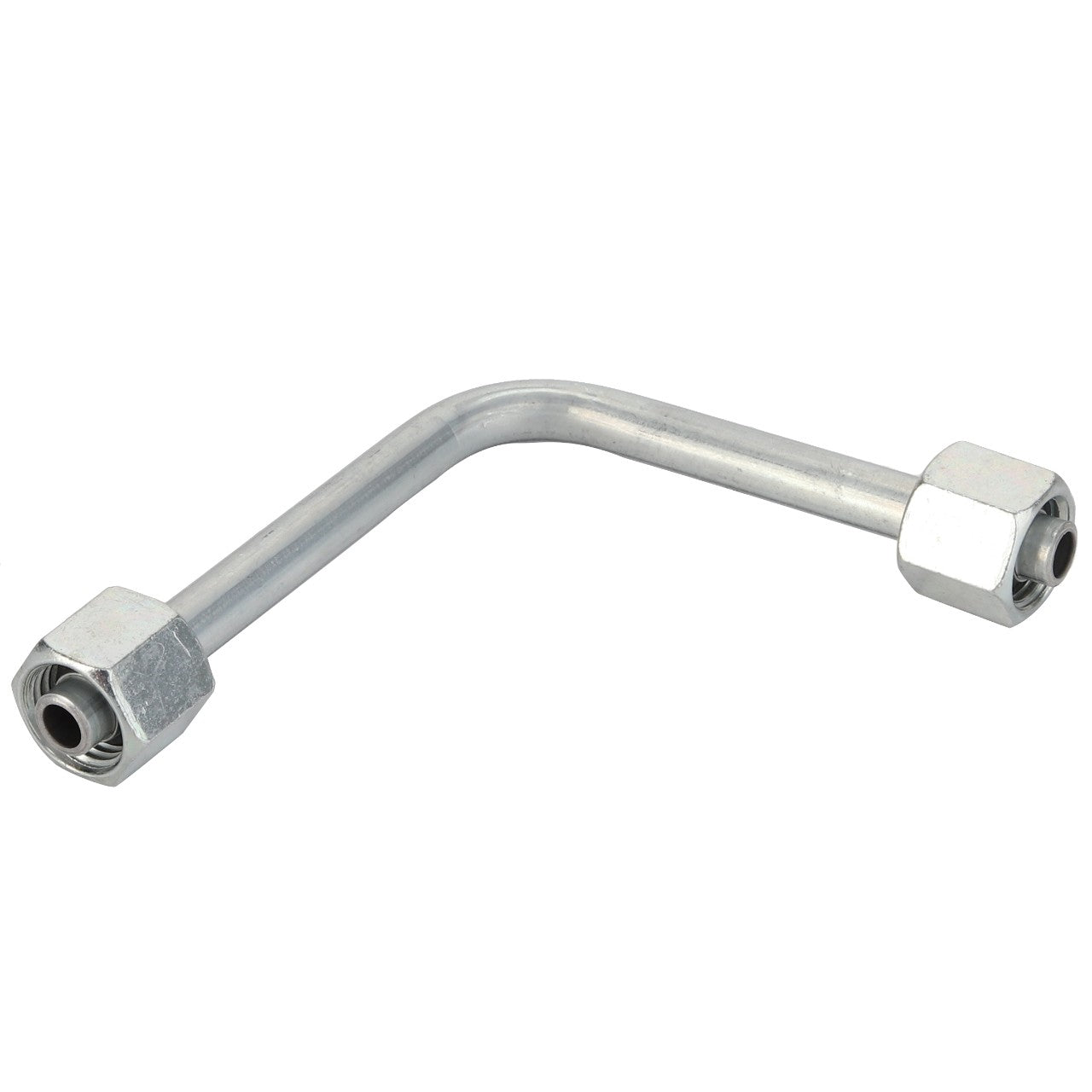 The AGCO Left Hand Brake Pipe - Acw465722A is a metal tube with two connecting nuts on each end, bent at a right angle.