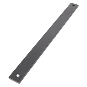 Currently, no product description information is available for the AGCO Trip Strap - Acx2478830, a rectangular black metal bar with a hole at each end.