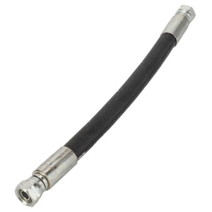 The AGCO Hose - Acp0384550 by AGCO is a black flexible hose with silver metallic connectors on both ends, currently listed as "No Current Product Description Available.