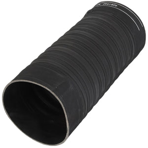 AGCO's Hose - 4281542M1 is a black, flexible rubber hose featuring a corrugated surface, open ends, and labeled markings near the edge. It is ideal for heavy-duty applications.