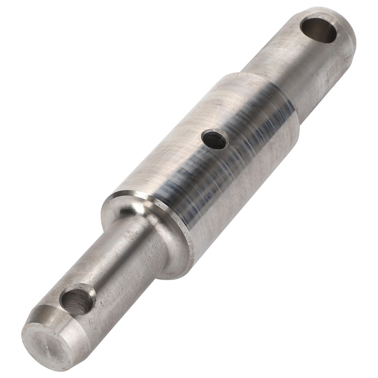 Product Description: The AGCO Bolt - Fel141341 is a metallic cylindrical shaft featuring precision-machined sections and three holes of varying sizes distributed along its length. This high-quality component epitomizes the renowned craftsmanship associated with the AGCO brand.