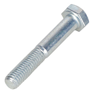 A close-up image of an AGCO | SCREW - AL5002056, featuring a shiny metal hex bolt with threaded end and hexagonal head, positioned diagonally on a white background.