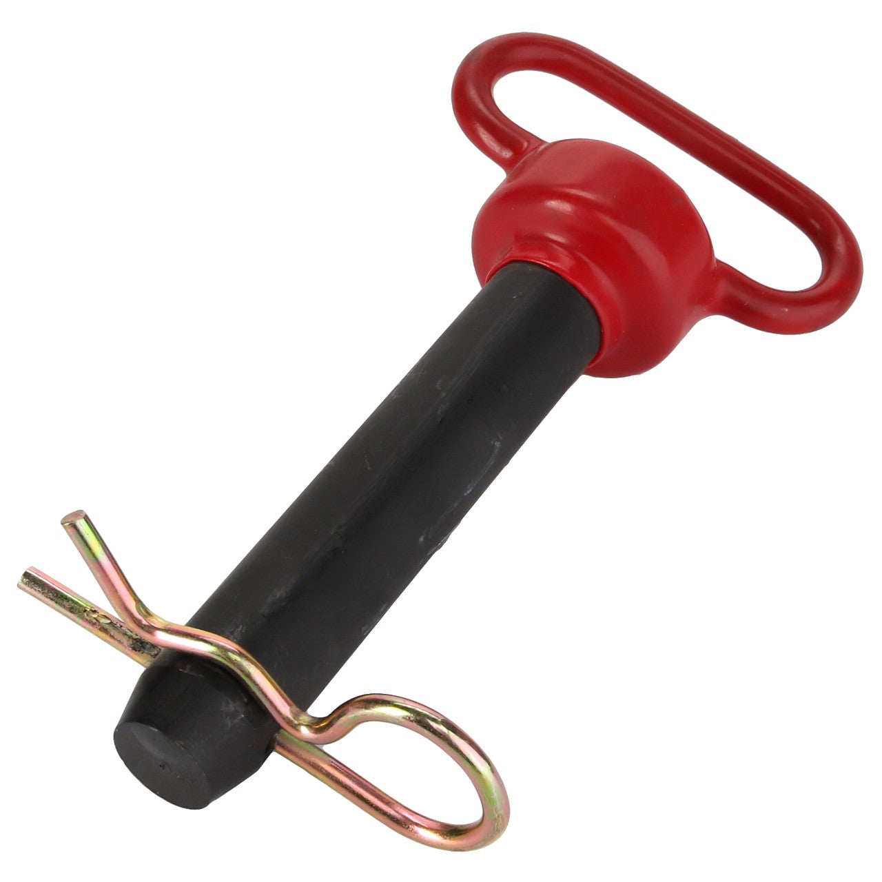 The AGCO PIN - AG524263 is a black cotter pin designed with a red handle and circular grip, and it features a metal retaining clip at the bottom. Currently, no additional product description information is available.