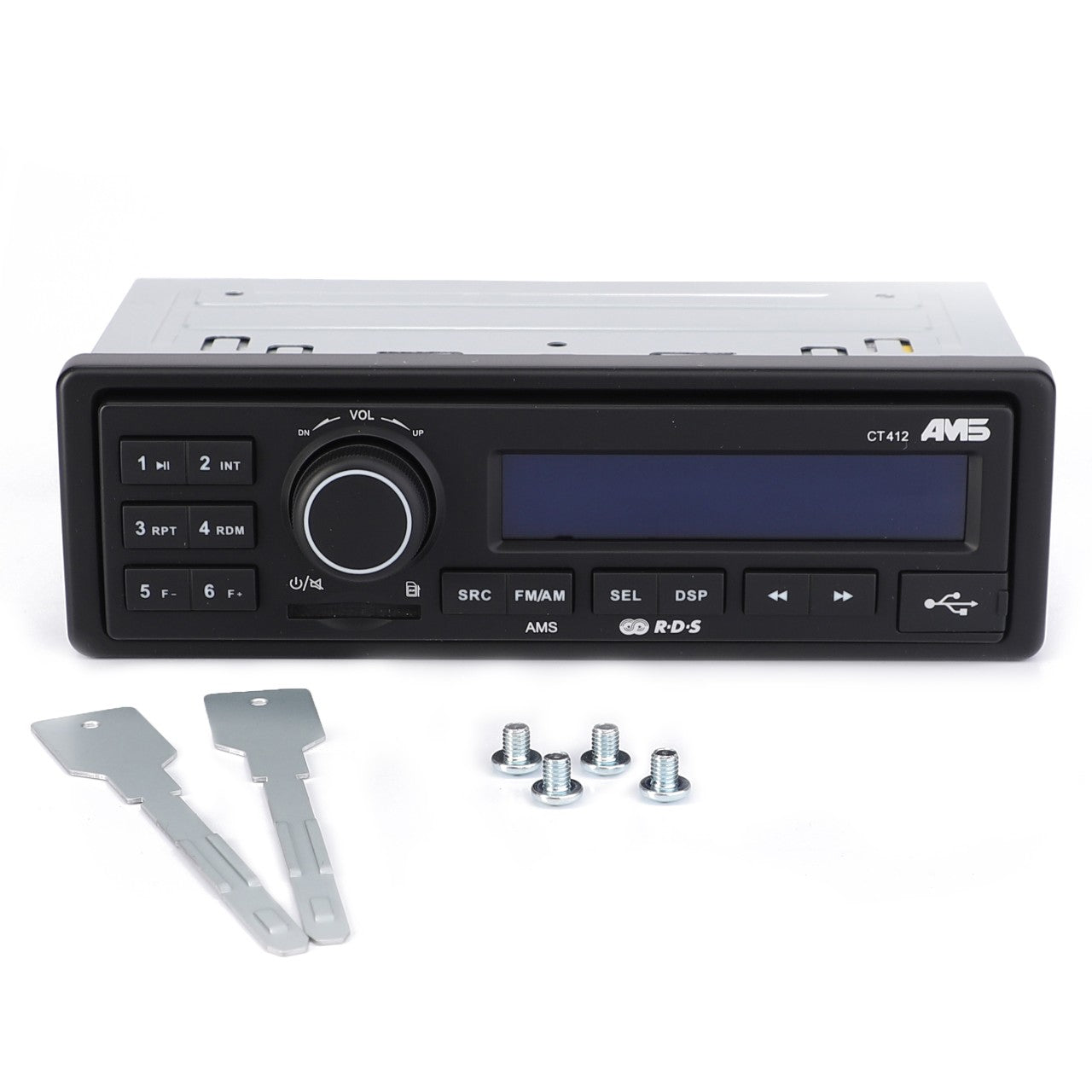 The AGCO | Radio Push Butt. - 4377292M2 car stereo system, featuring buttons, a dial, and a digital display, comes with two keys and four screws beside it, embodying the meticulous precision typically associated with Fendt Models.