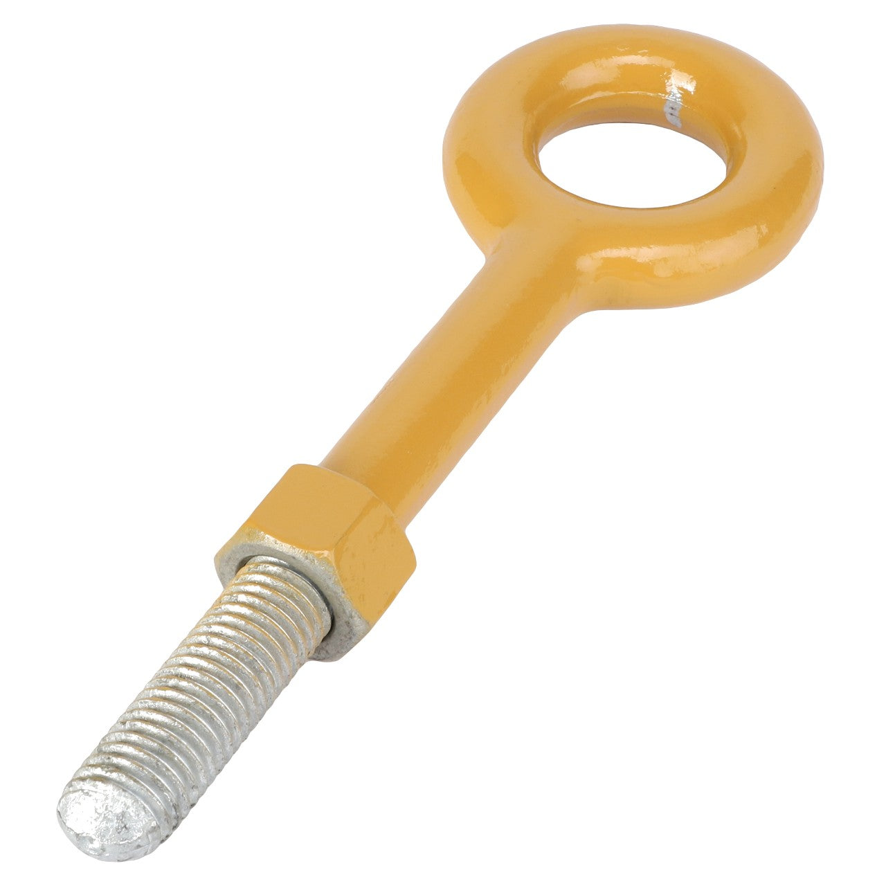 The AGCO | EYE BOLT - AG200573 is an orange-painted hardware piece featuring a threaded shank and a circular loop at the end, designed for lifting or securing applications, making it a versatile option when detailed product descriptions are not available.