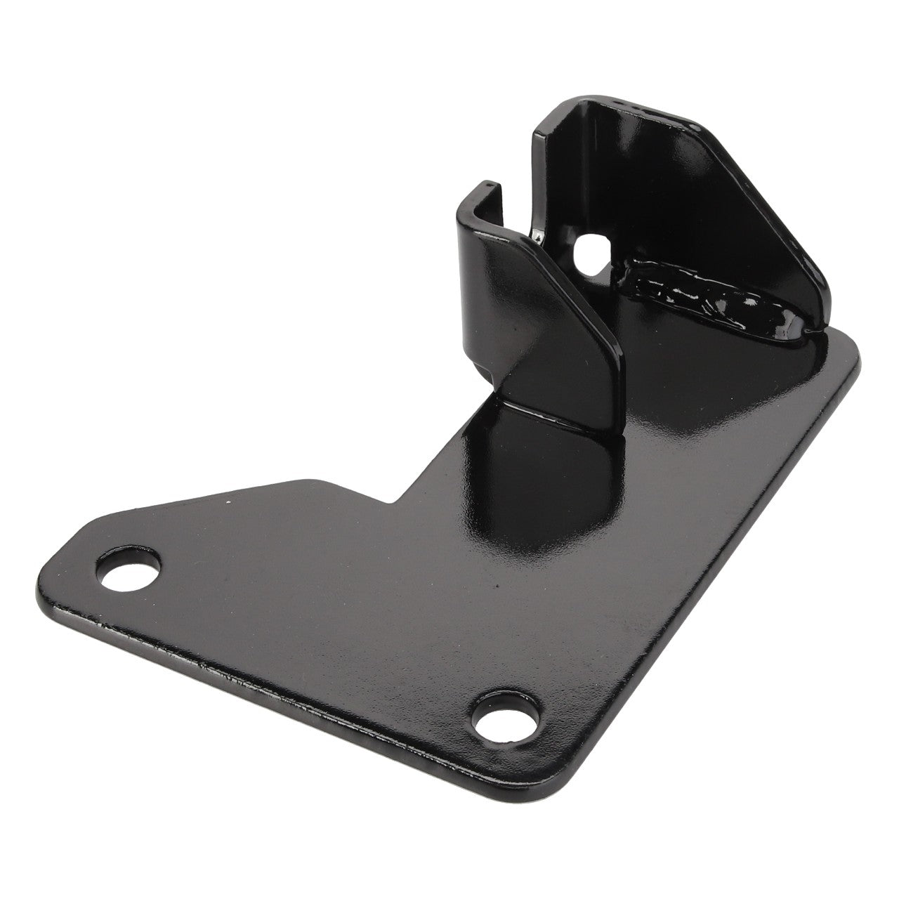 The AGCO Bracket - Acw0151880 by AGCO is a black metal bracket featuring three mounting holes and a curved hook on one end.