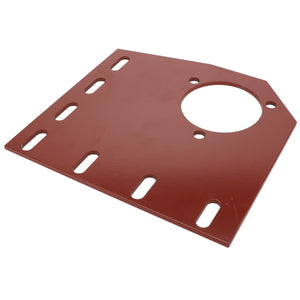 The AGCO BEARING PLATE - D28880284 is a red metal plate featuring a large circular hole and multiple elongated slots arranged in a row.