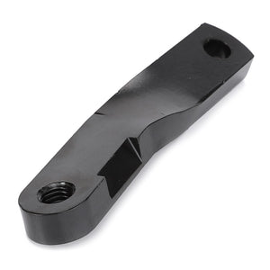 The AGCO Left Hand Strap - 4280475M2 is a black metal mechanical component designed for Fendt fitment, with a rectangular shape and holes at each end—one threaded and one smooth.