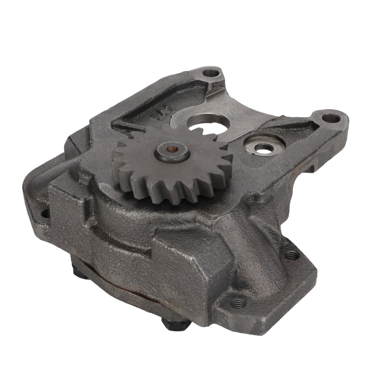 Close-up of an AGCO Oil Pump - 3641171M91 with a gray cast iron housing featuring a central gear and multiple mounting points, suitable for use in various Massey Ferguson models.