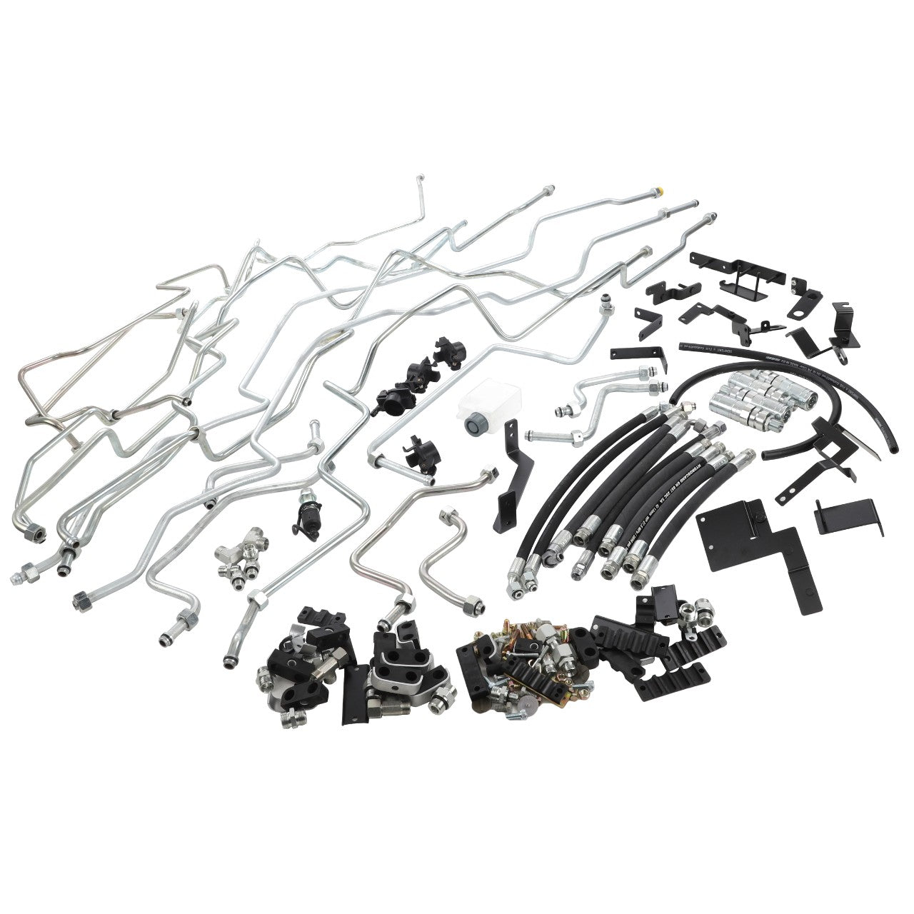 A neatly arranged assortment of AGCO's metal and rubber automotive hoses, connectors, brackets, and fittings on a white background. Please note that no current product description information is available for the AGCO | Kit, Pipe - Acw1142420.