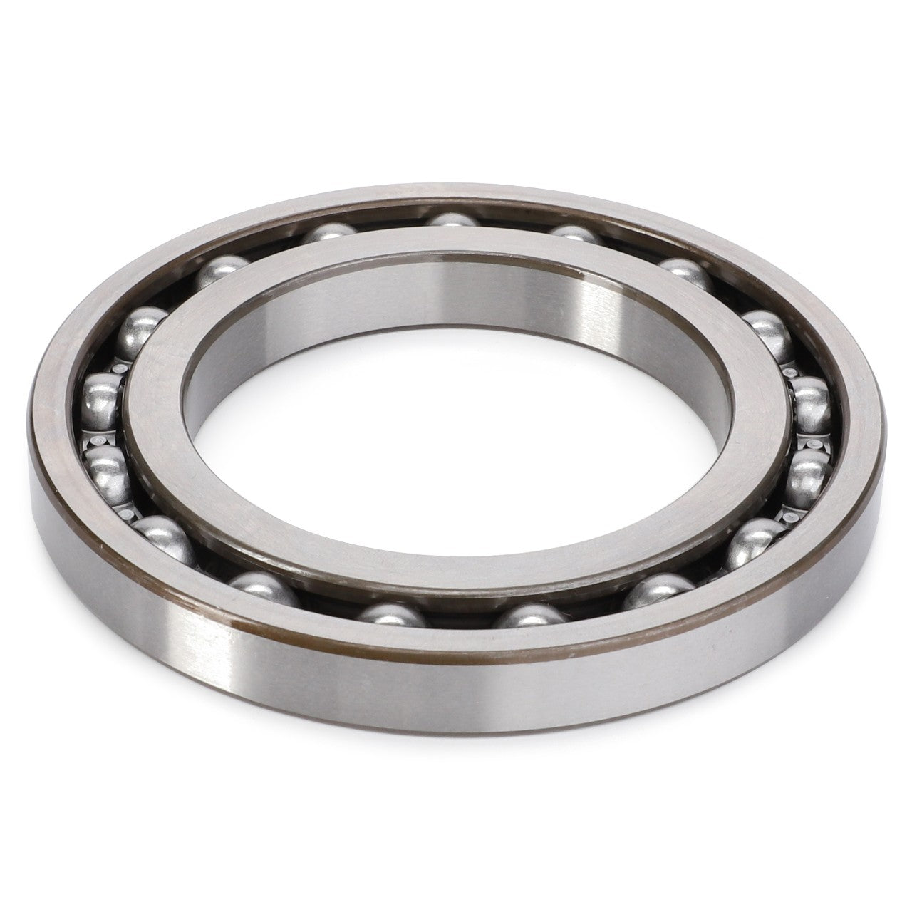 The AGCO Ball Bearing - 3010128X1 by AGCO is a circular metal component containing multiple small steel balls evenly spaced within the casing, designed to minimize rotational friction.