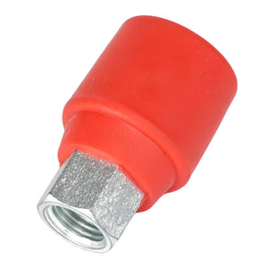 The AGCO PROTECTOR - AG610653, a red quick-connect hydraulic coupling made from plastic and metal with a threaded end, ensures seamless connections.